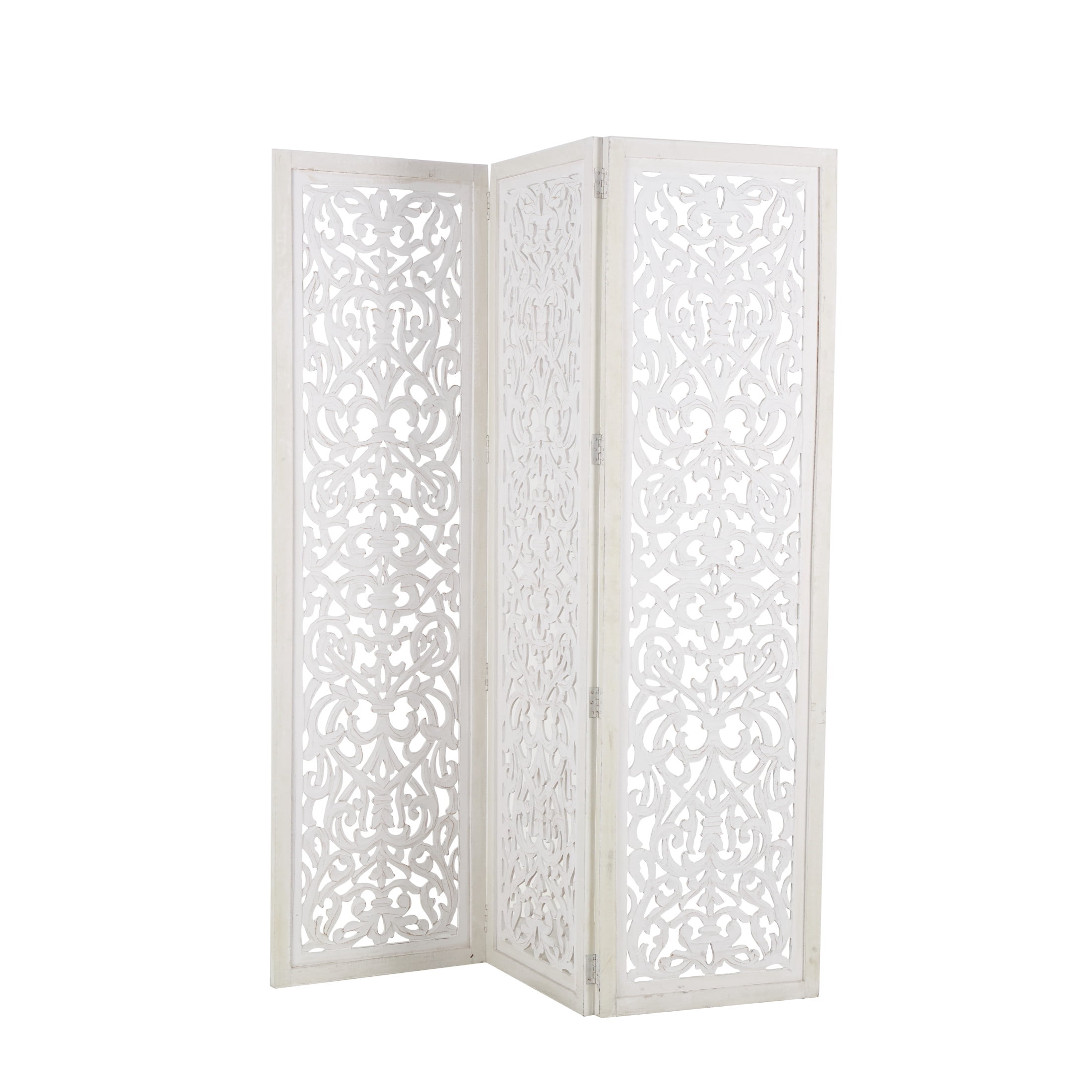 DecMode 60" x 69" White Wooden Floral Handmade Foldable Partition 3 Panel Room Divider Screen with Carved Design, 1-Piece