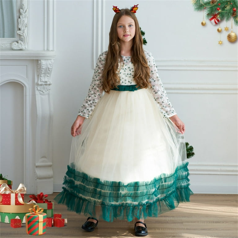 AWZXDE Girls Christmas Party Dress Long Sleeve Jacquard Pattern Layered  Tiered Waistband with Mesh Tutu Skirt Holiday Pageant Gown Green,6-7 Years  - Walmart.com
