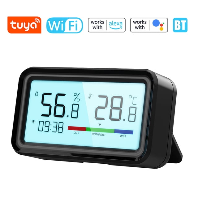 Tuya WiFi BT Dual-Mode Temperature Humidity Tester LCD Backlight Display Mobilephone APP Remotely Control Intelligent Linkage Compatible with Alexa and Google Assistant for Voice Control