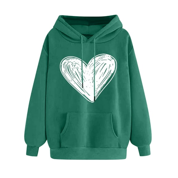 YUGYXL Womens Oversized Hoodies Comfy Long Sleeve Heart Graphic Pullover Trendy Cute Print Sweatshirts with Pocket Green S