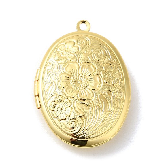 Rack Plating Brass Locket Pendants Photo Frame Charms for Necklaces Long-Lasting Plated Oval with Flower Charm Real 18K golden Plated 33x24x7mm Hole: 1.6mm Inner Diameter: 23.5x17.5mm