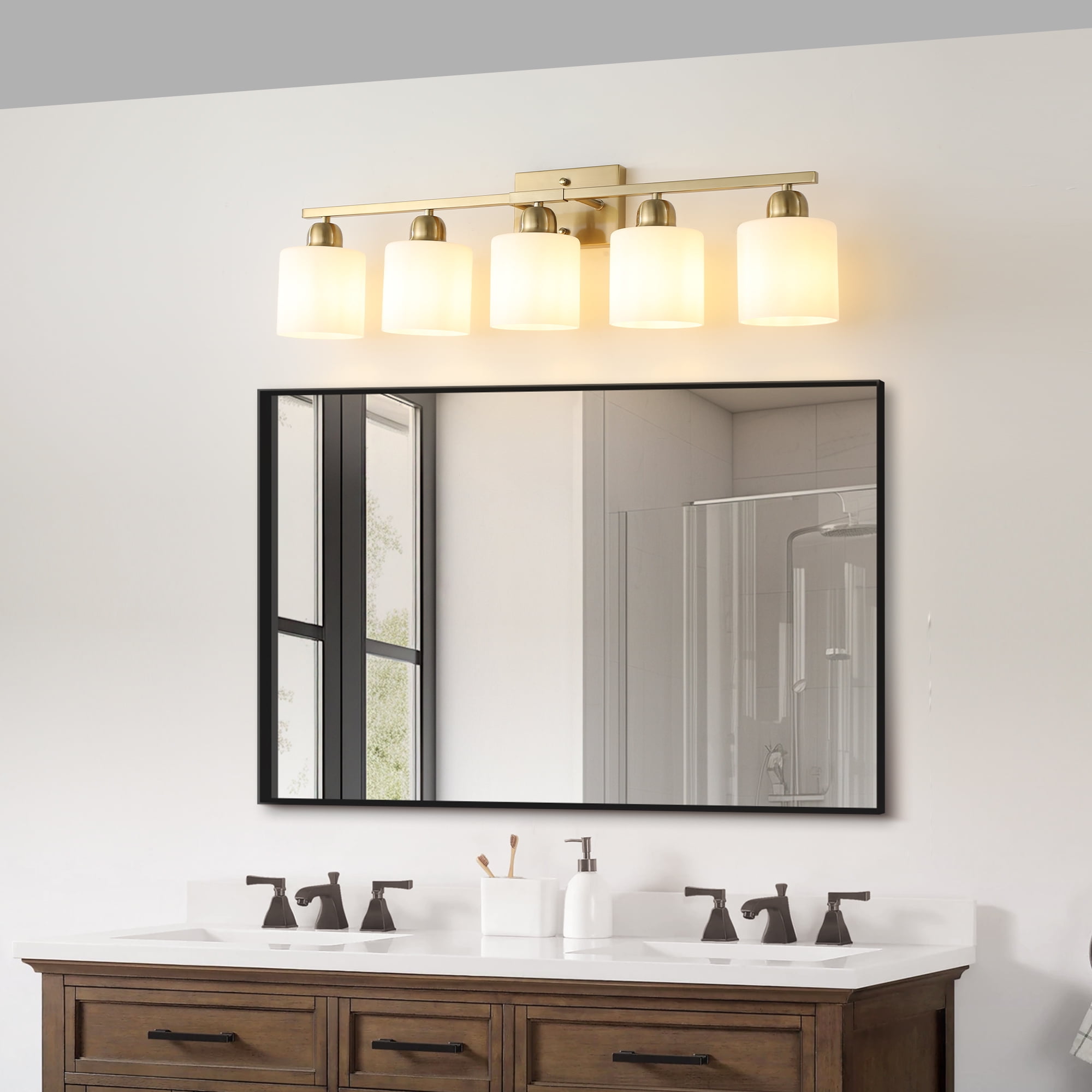 Jopath 5-Light Modern Vanity Light Over Mirror, Wall Sconces with Milky White Frosted Glass Shades for Bathroom, Hallway, or Bedroom Gold (Bulbs Not Included)