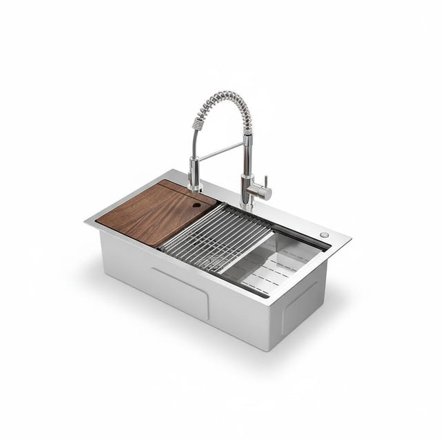Qinaqin 25x22x9 En Abatibles-En Single Bowl Stainless Acero Cocina Drain Topmount Estación de Trabajo Con Pull Down Faucet Moderno 5-Piece Set Hole Original Color Set-New