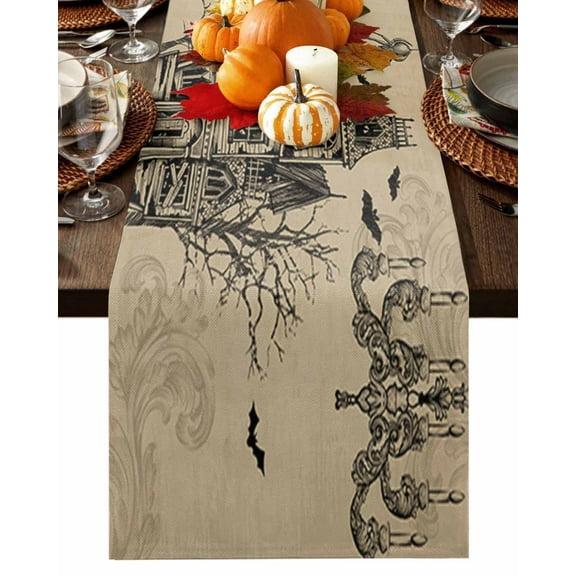 Table Runner 90 Inches Long, Halloween Pumpkin Crow Scary Castle Cotton Linen Table Runners Non-Slip Durable Dresser Scarves for Table Party Dinner Holiday Home Decor, 1 Pack