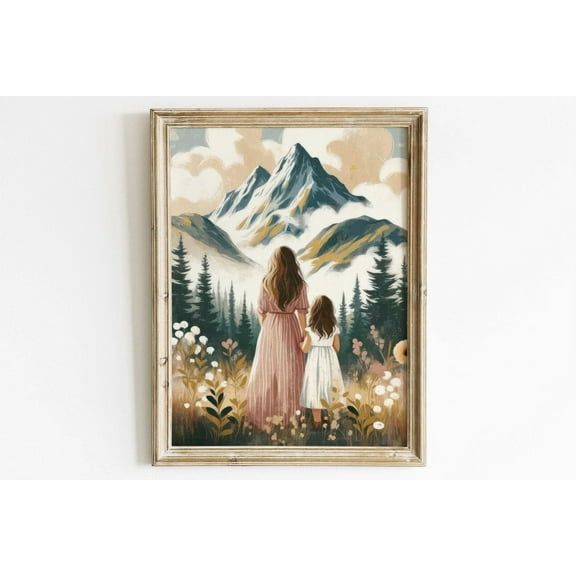 Mother Daughter Wall Art, Mom And Daughter Gift, Girl Adventure Print, Mother & Child Painting, Outdoors Nursery, Family Art Wall Art, Modern Wall Decor, 24x36 UNFRAMED