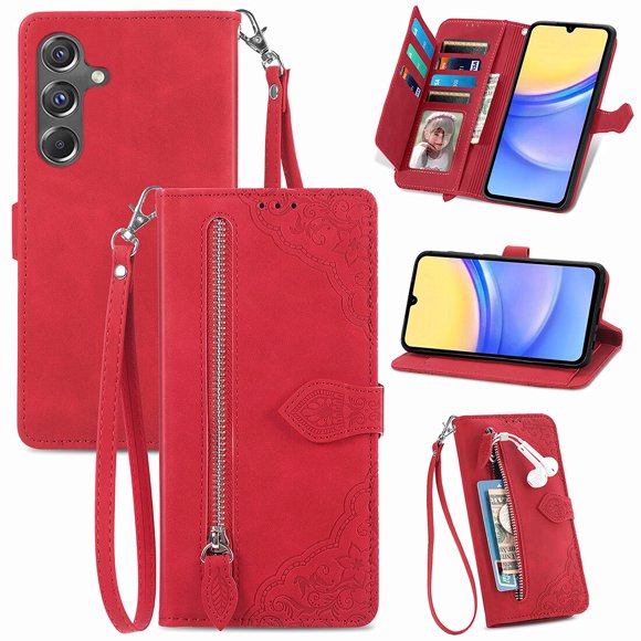 SYITOOCK Phone Case for Samsung Galaxy A15 5G, Shockproof PU Leather Wallet Case with Card Slots Anti-Scratch Stand Magnetic Flip Zipper Pocket Cover for Samsung Galaxy A15 5G, Red