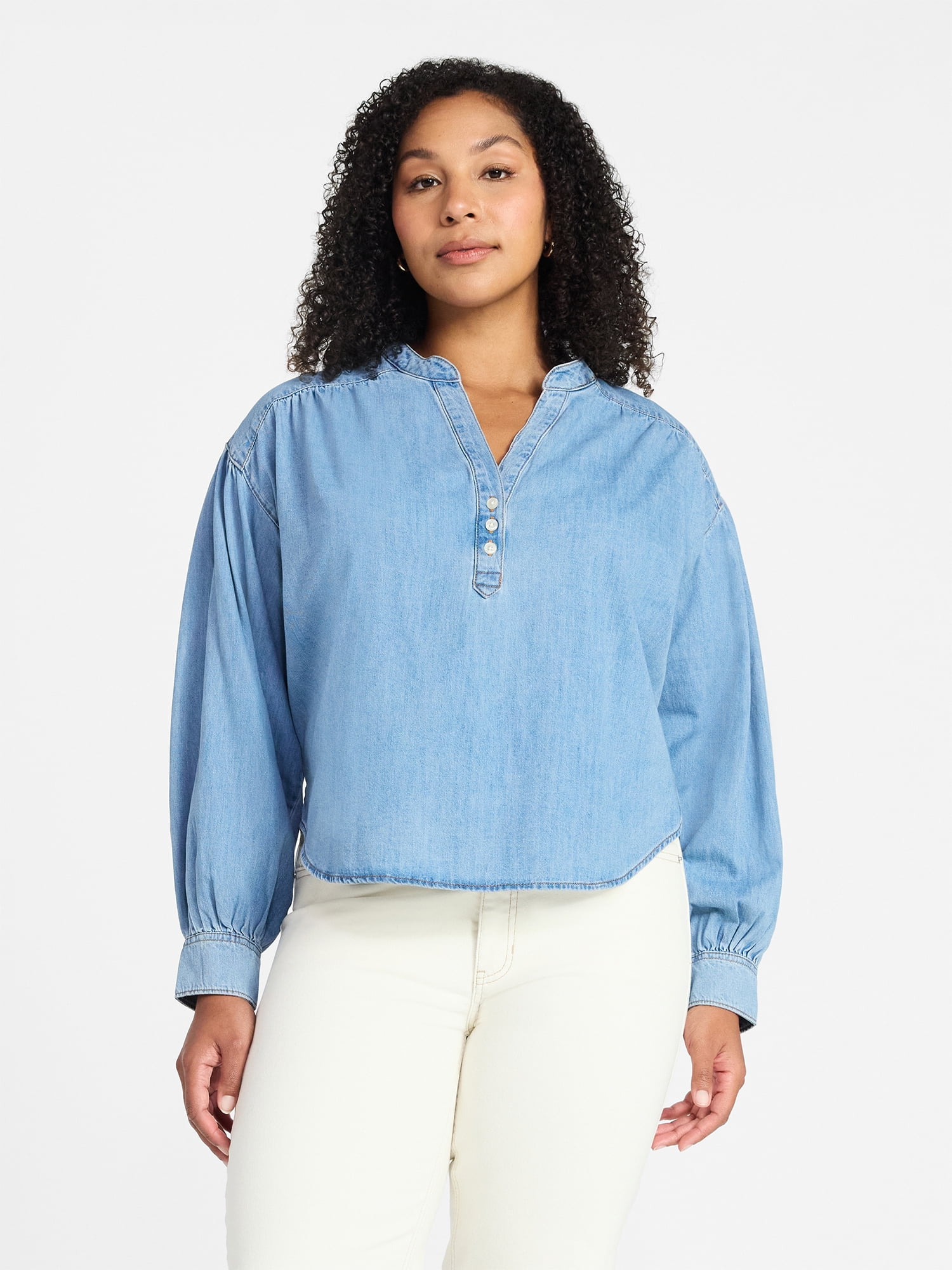 Time and Tru Women's Popover Denim Top with Long Sleeves, Sizes XS-XXXL
