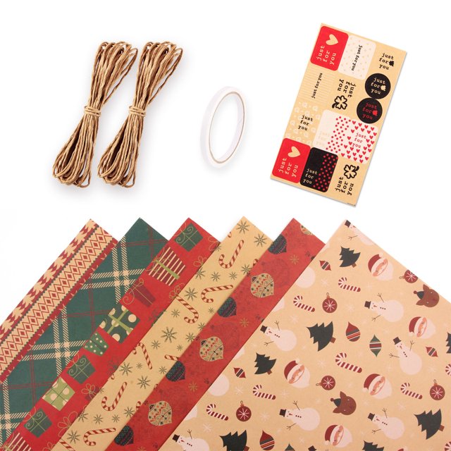 1 juego de papel para envolver regalos de Navidad, 50 x 70 cm, juego (6 hojas de papel+1 cinta de doble cara+cuerda de papel kraft de 10 m*2+pegatinas)