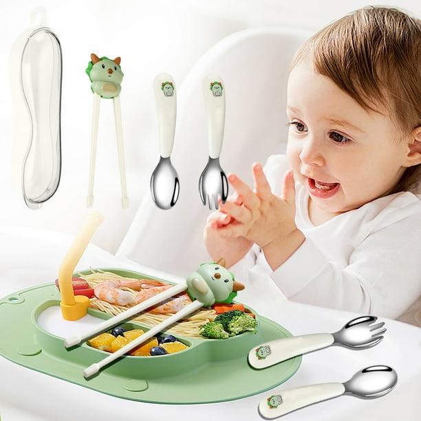 Juego de vajilla infantil de acero inoxidable 304, utensilios de comida para niños, palillos de práctica, cuchara, tenedor y palillos de entrenamiento.