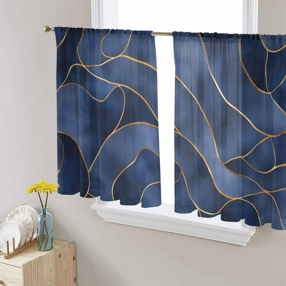 Navy Blue Marble Sheer Curtains 54 Inches Length 2 Panels Set, Window Sheer Curtains for Living Room/Bedroom, Modern Golden Geometric Abstract Light Filtering Rod Pocket Curtain 52'' x 54'' x 2