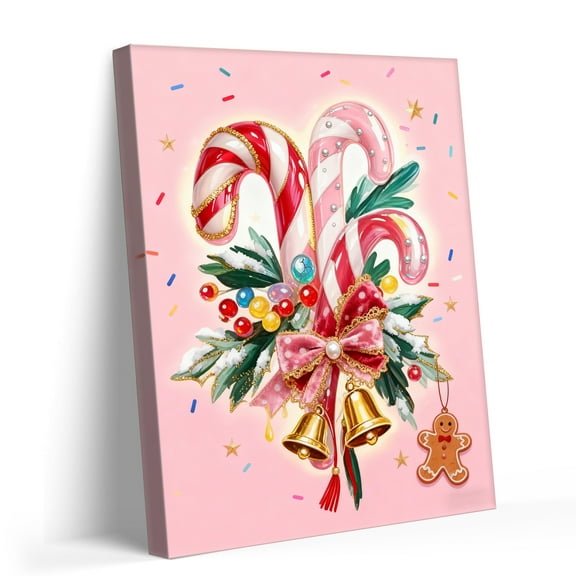 P&L Art Pink Christmas Candy Cane Canvas Wall Art, Festive Holiday Decor with Bells & Gingerbread, Framed Canvas Print