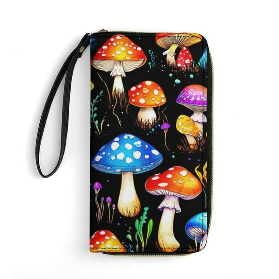 Womens Wallet Bifold Ladies Cluth Bag Wristlet Wrist Strap Long Purse Fantasy Mushroom Design