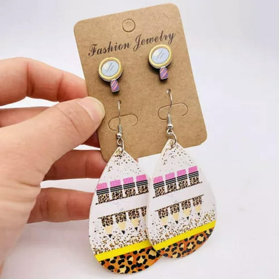 NEW Back to School Wood Pencil Teardrop Leather Leopard Teacher Day Earrings Set