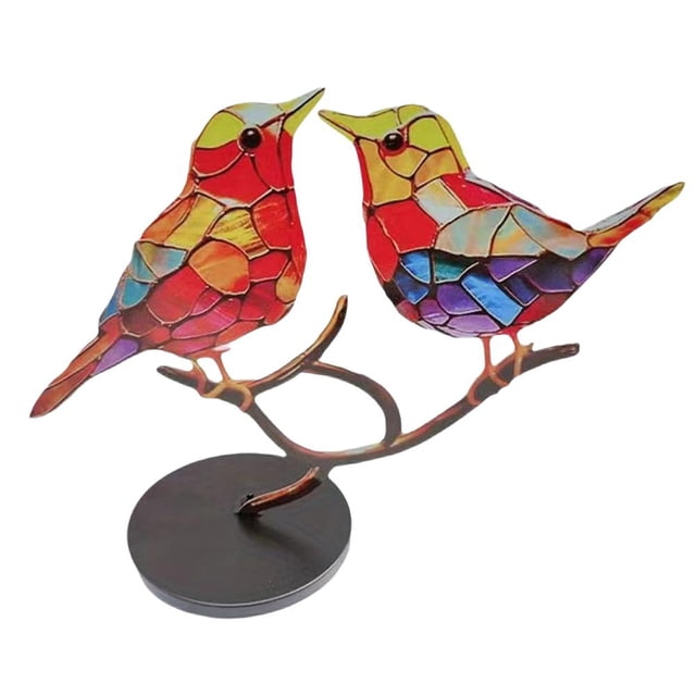 CAIROYAR Adornos de escritorio con pájaros en una rama, adornos de estatuas artesanales de pájaros de metal, figuras decorativas coloridas de pájaros planos de doble cara