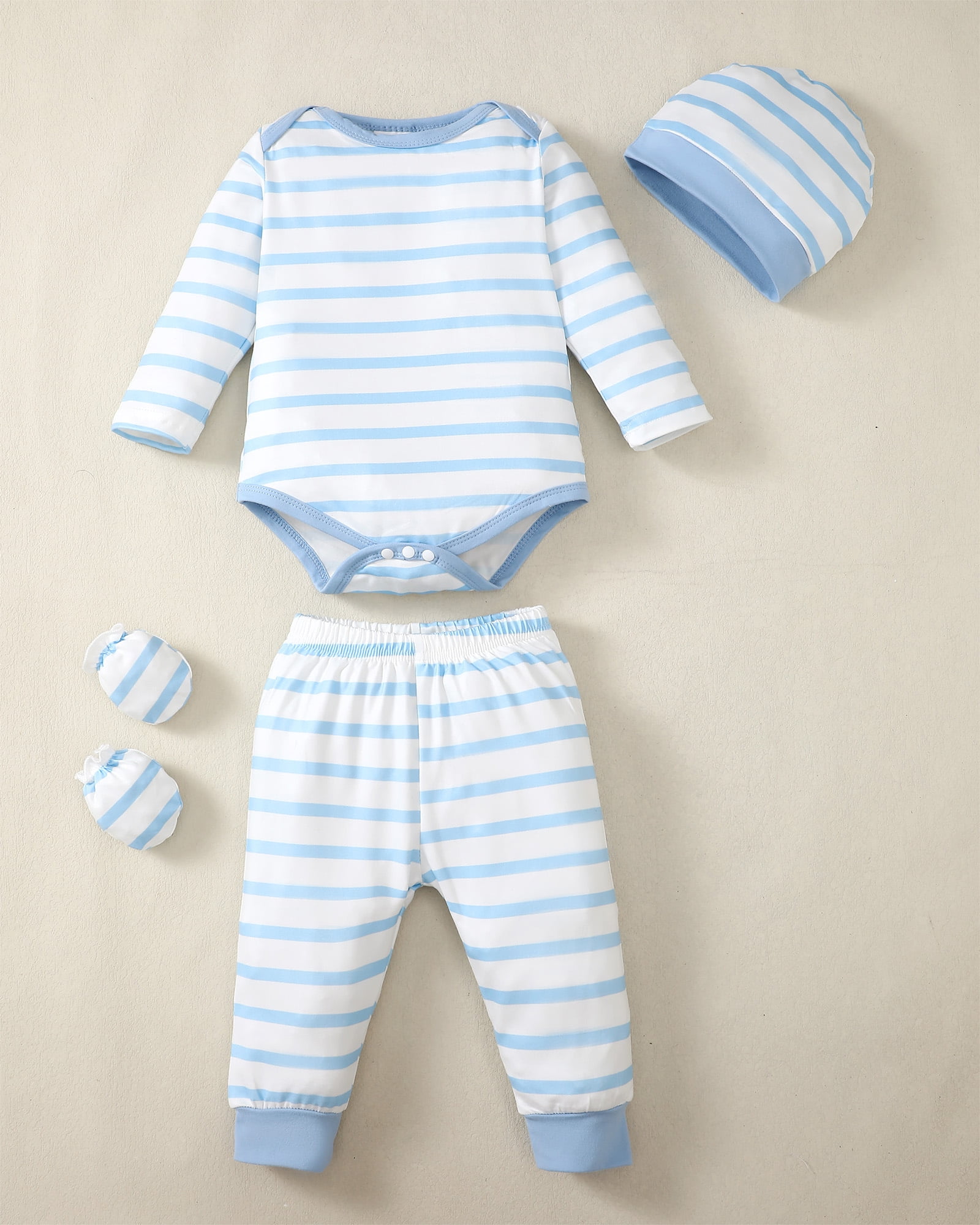 KIMI BEAR Newborn Baby Boys layette set 3-6 Months Romper Pants Set Hat 4-Pack Outfits Long Sleeves Top Gloves 16pcs Winter Clothes Baby Shower Gifts Blue
