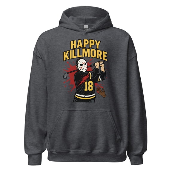Happy Killmore Parody Golf Graphic Hoodie – Funny Horror-Inspired Sports (Dark Heather)