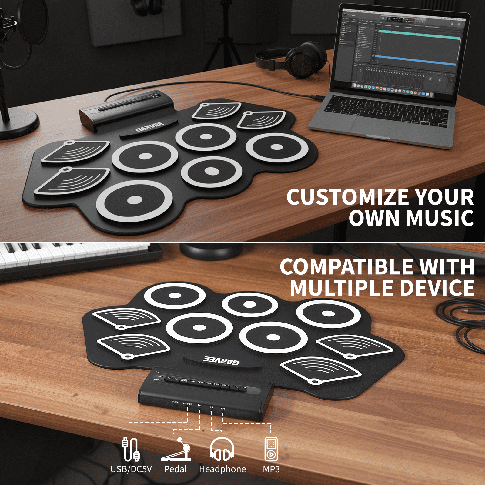 Electronic Drum Set 9 Pads Roll Up Drum Kit With Free App, Dual Built-In Speakers, Drum Sticks Pedals, Bluetooth MIDI, Great Christmas & Birthday Gift For Kids and Beginners
