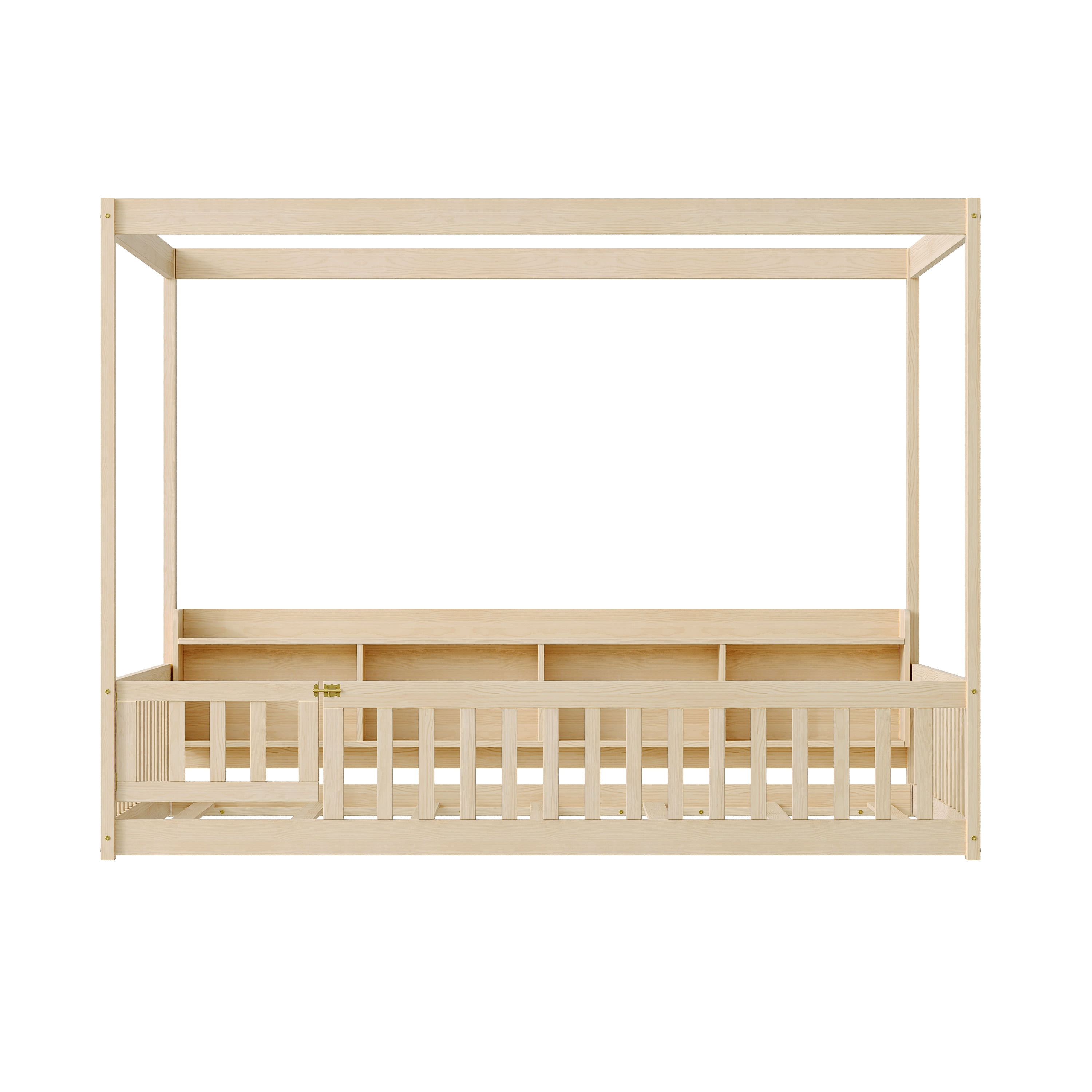 GARITIN Full Size Montessori Floor Bed, Headboard with Open Storage Cubbies, 4-Sided Guardrails with Access Door, Dual-Use Bed for Sleeping & Playing, Natural