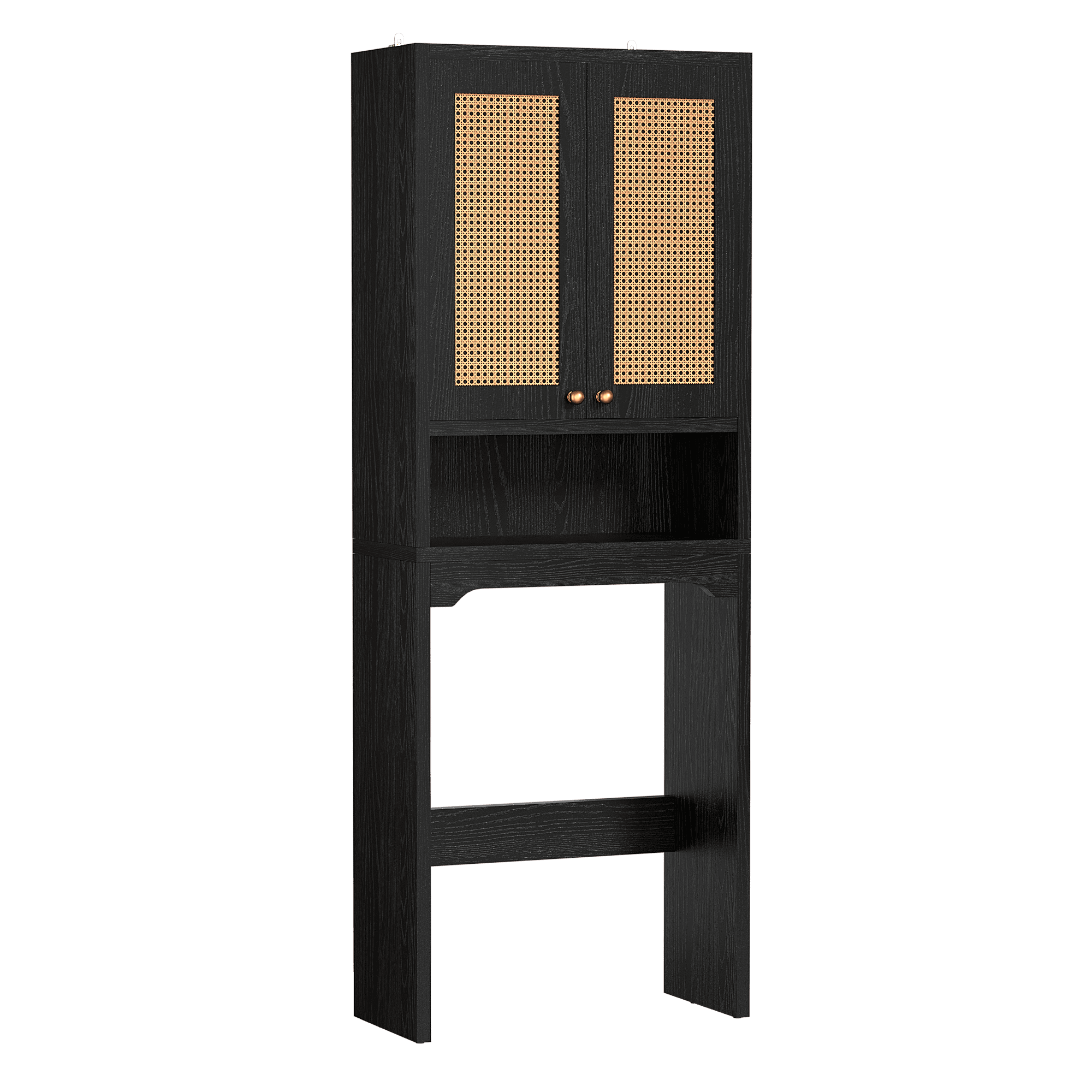 Mintazer Farmhouse Over The Toilet Storage Cabinet, Freestanding Bathroom Organizer Toilet Rack with 2 Rattan Doors, Black