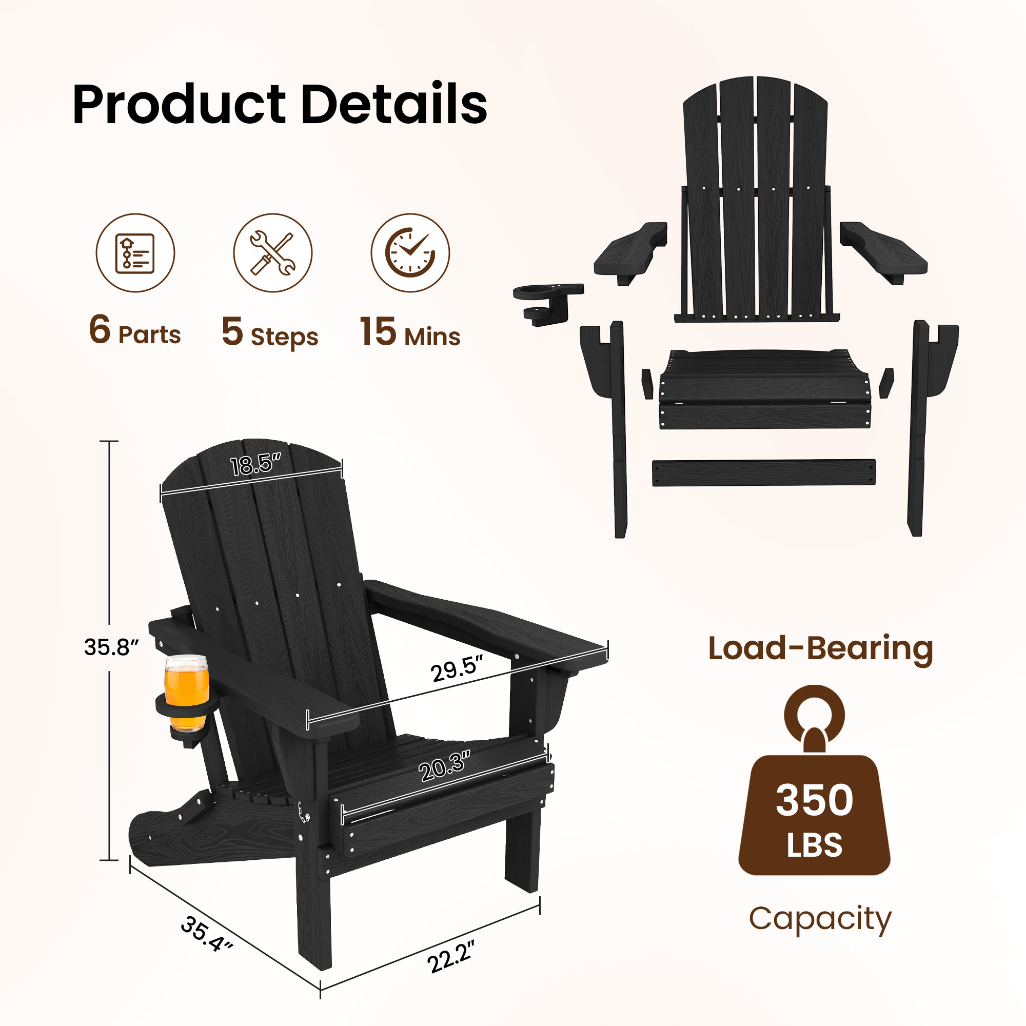 SERWALL Adjustable Folding Adirondack Chair Set of 2, Black photo 3