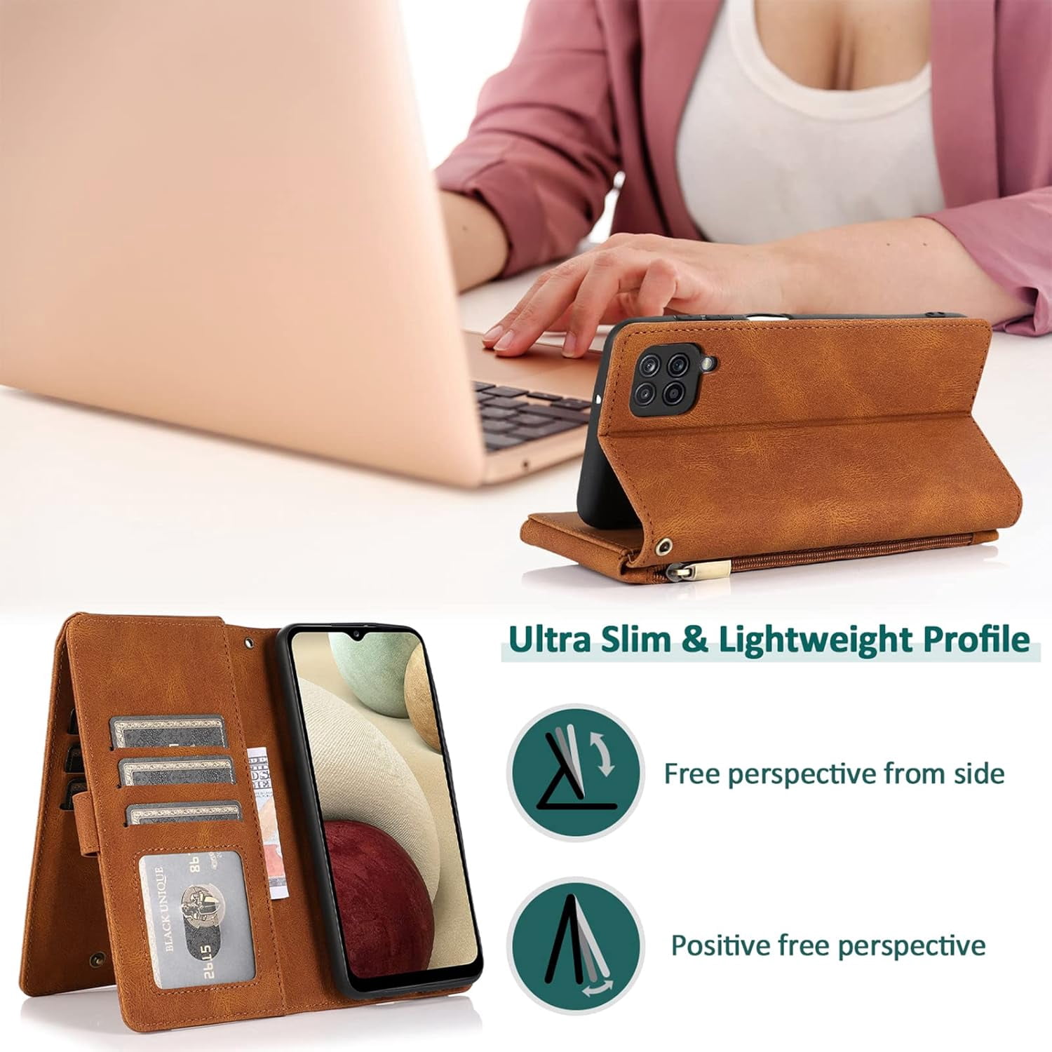 Compatible with Samsung Galaxy A12/M12 Wallet Case Tempered Glass Screen Protector Zipper Leather Flip Cover Card Holder Cell Phone Cases for Glaxay A 12 5G Gaxaly A-12 S12 12A 4G Women Men Brown