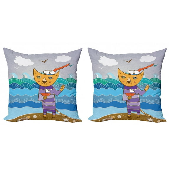 Cat Throw Pillow Cushion Cover Pack of 2, Sailor Feline on Shore Holding a Boat on a Wavy Ocean Background with Bird Silhouettes, Zippered Double-Side Digital Print, 4 Sizes, Multicolor, by Ambesonne