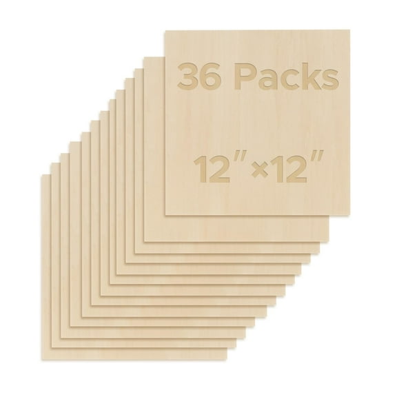 OMTech 36 Pack Basswood Sheets, 12x12 Inch Plywood Sheets for Crafts, 1/8" Thick Wood for Laser Cutting Engraving, Unfinished Wood Boards for DIY Projects Drawing Painting Architectural Models