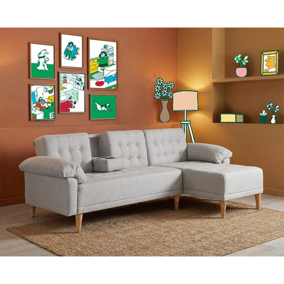 Sala Modular Reversible Makora Brunello Con Memory Foam, Color Gris Claro, Lino Respaldo Reclinable De 3 posiciones.