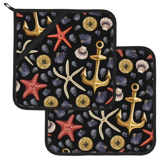 Kitchen Pot Holders Heat Resistant Oven Hot Pads With Hand Pockets And Hanging Loops For Baking Cooking 2 Pack 8'' X 8'' Starfishes Shells Rope Coastal