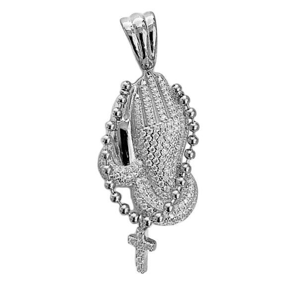 Real Solid 925 Sterling Silver Praying Hands w/Cross Iced Moissanite Pass Diamond Test Flooded Out Charm
