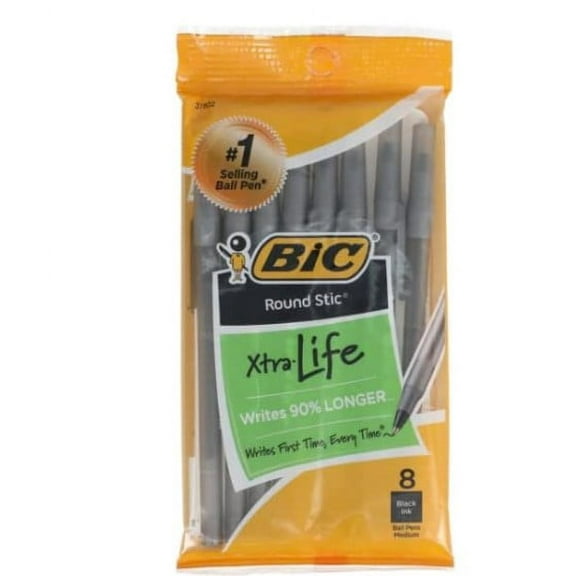 BIC Round Stic Xtra Life Ball Pen, Medium Point (1.0 mm) Black, 8-Count
