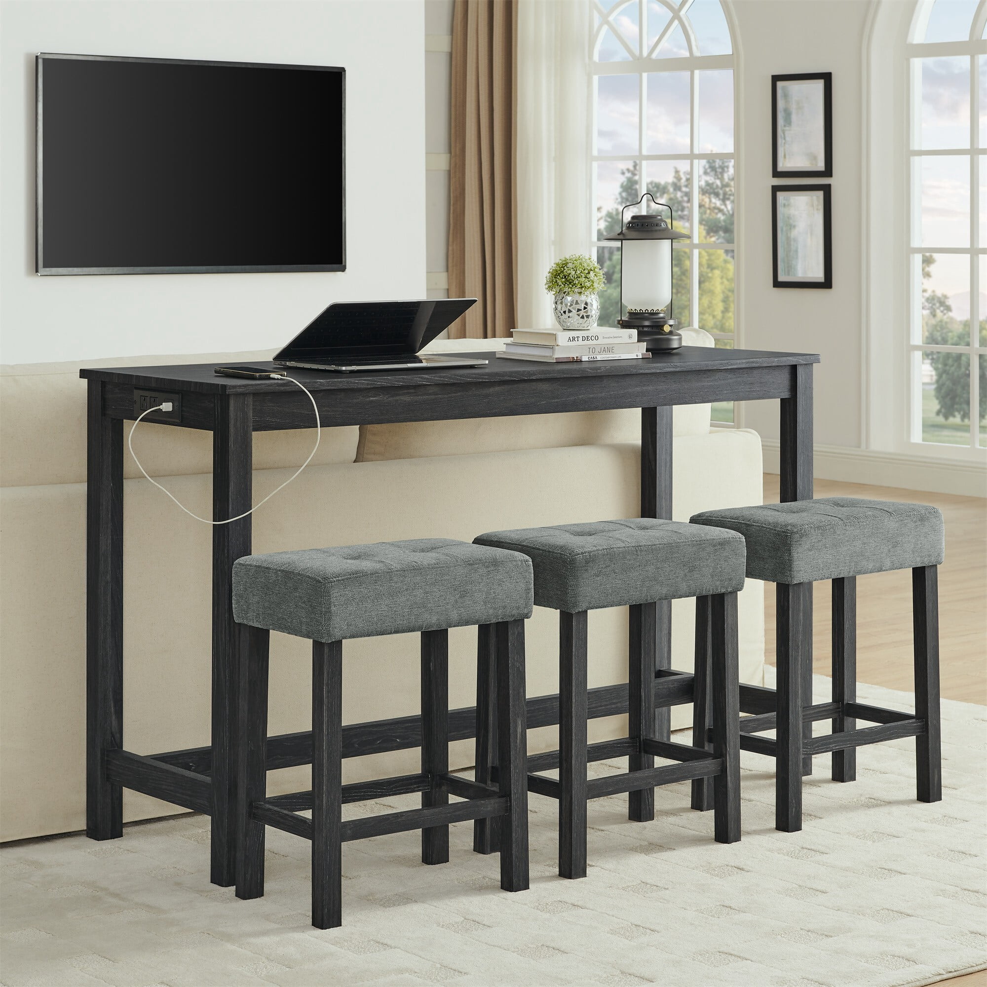DEALTOPS 4-Piece Bar Table Set with Charging Station, 59" Counter Table with 3 Soft Stools for Small Space, Black
