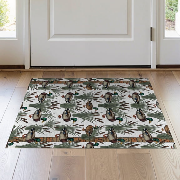 ODIKA 2'x3' Washable Accent Rug Mallard Cattail Farmhouse Border Theme Vintage Hunting Fishing Refined for Bedroom, Nursery, RV, Pet Friendly, Bedside Mat