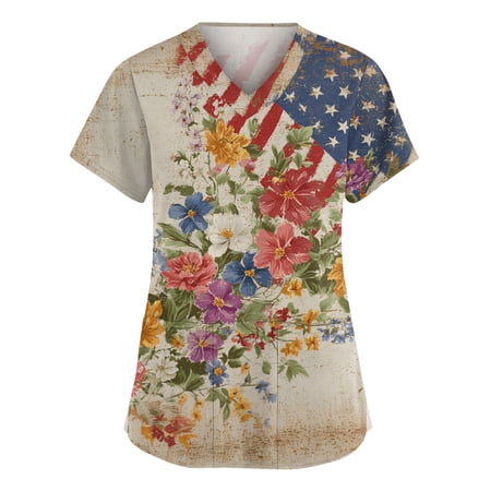 250 Anniversary USA Scrub V-Neck Tops for Women, Fourth of July Soft Stretch Women's Tops Easy Care with Pockets 03-Complexion L
