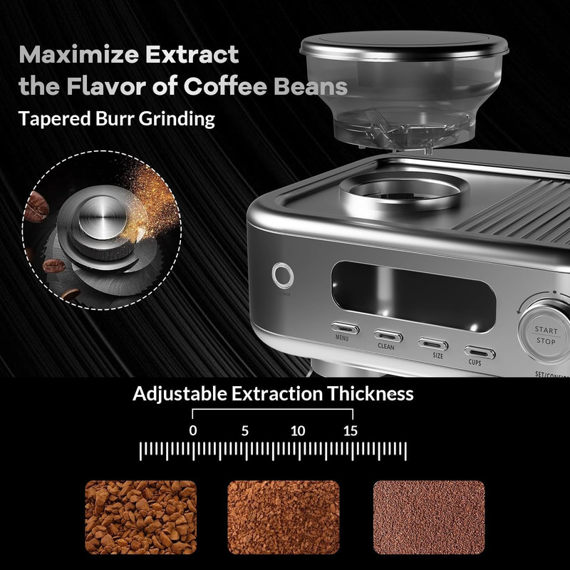 Towallmark 15 Bar 78 Oz Semi-Automatic Espresso Machine with Grinder, Built-In Coffee Grinder and Milk Frother, LCD Display Cappuccino Latte Maker, Stainless Steel Coffee Machine for Home Use