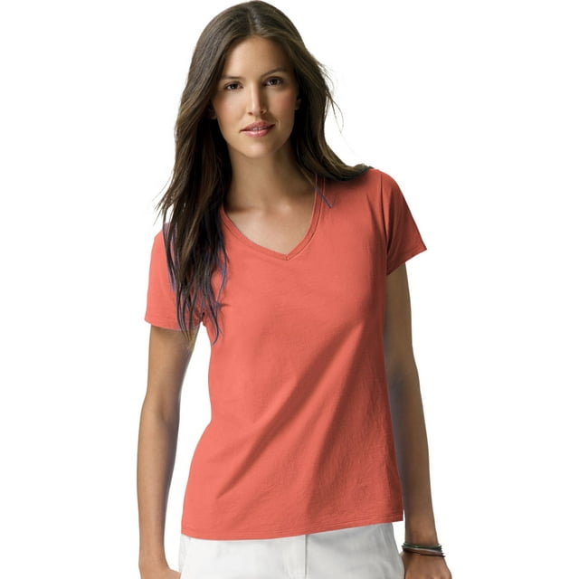 Hanes T-Shirt à Col en V Nano-T pour Femmes, TP, Orange Vintage