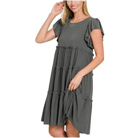 Sun Dresses for Women 2023 Casual Crewneck Ruffle Sleeve Summer Dresses ...