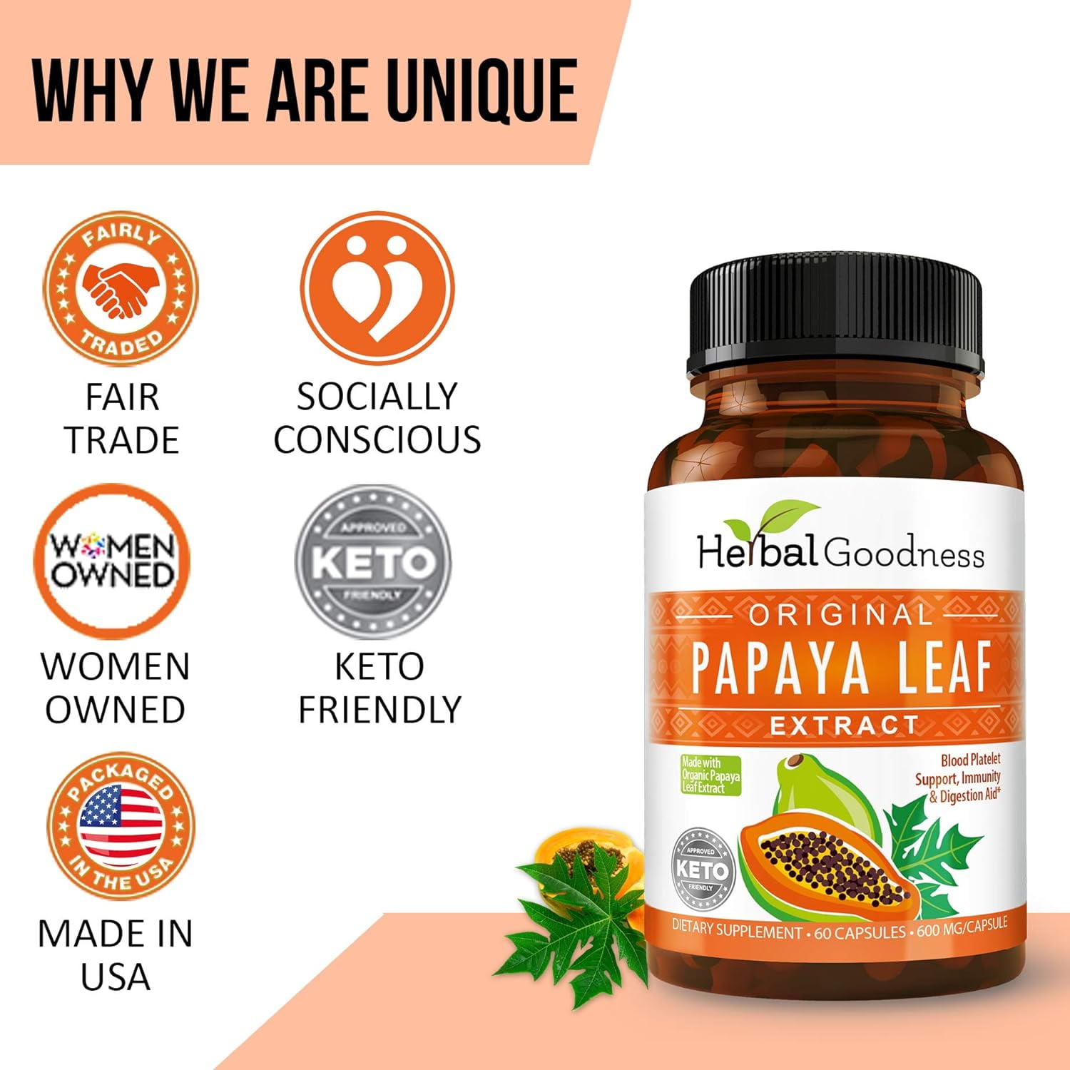 Herbal Goodness Papaya Leaf Extract Capsule, Pills, Digestive Enzymes, Immunity, Gut Health Supplement, Blood Platelet - 60/600mg