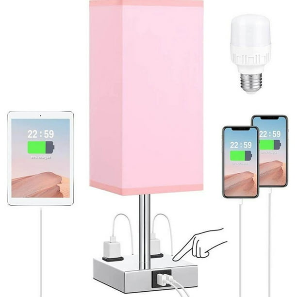 Lámpara de Mesa de Tela con Atenuación A+C, Usb, 2 Puertos, Enchufe de Ca, Lámpara de Mesita de Noche para Dormitorio