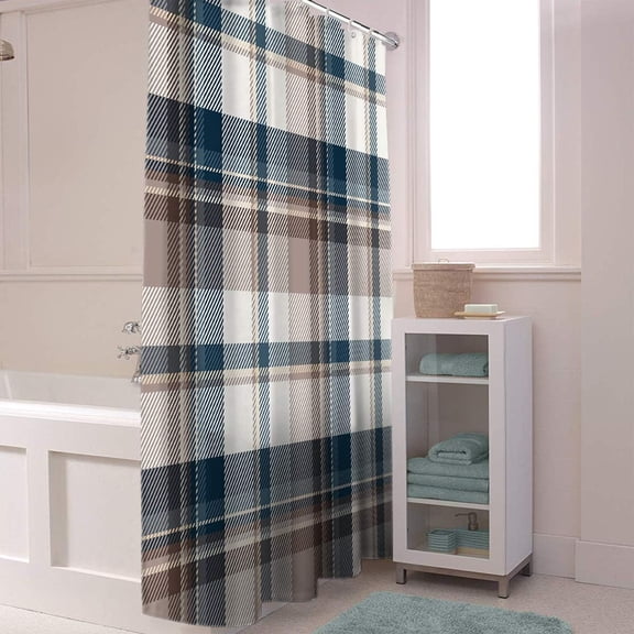 Shower Curtain Check Plaid Brown and Blue Shower Curtains for Bathroom Decor Buffalo Texture Shower Curtain Sets with Hooks Waterproof Fabric Bath Curtain Small Stall 36" X 72"