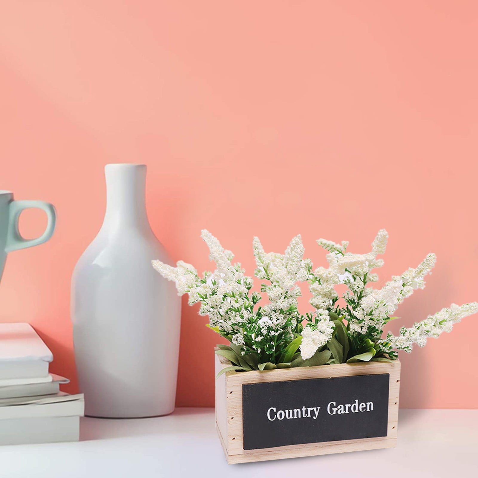Uutvmp Artificial Lavender Flower in Wooden Box, Fake Floral Bouquet, Potted Artificial Flowers Plant in Wooden Vase for Indoor Outdoor Home Decoration