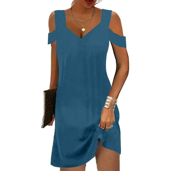 Summer Fashion Dresses for Women 2024 Plus Size V-neck Loose Solid Short Sleeve Strapless Mini Dress