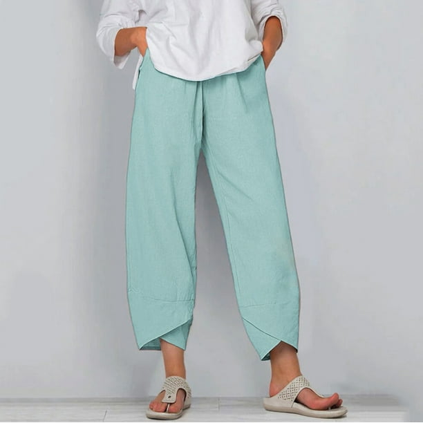 roliyen Summer Pants for Women Casual Pockets Cotton Linen Wide Leg ...