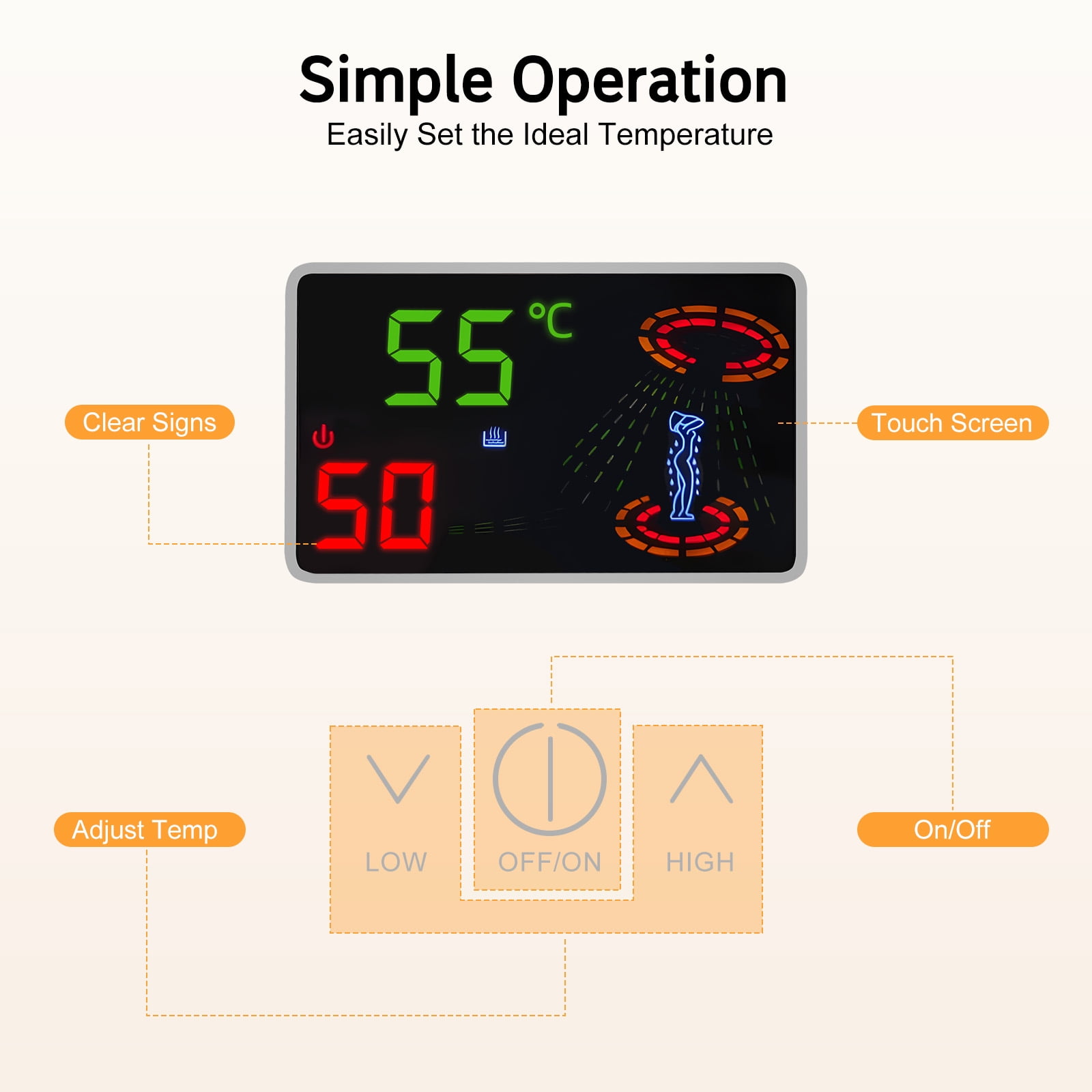 4500w Instant Tankless, Wall-Mounted with Touch Screen, Adjustable Temperature 30-55°C/86-131°F for Bathrooms, Hotels
