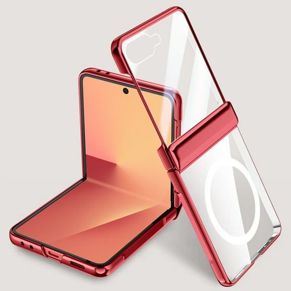 Decase Case for Samsung Galaxy Z Flip 7,Shockproof Clear Back Cover,Lightweight Ultra-Thin Transparent Case,Built-in Screen Protector Stand,Electroplate Clear Mag-Safe Cover,Red(HD Clear Film)