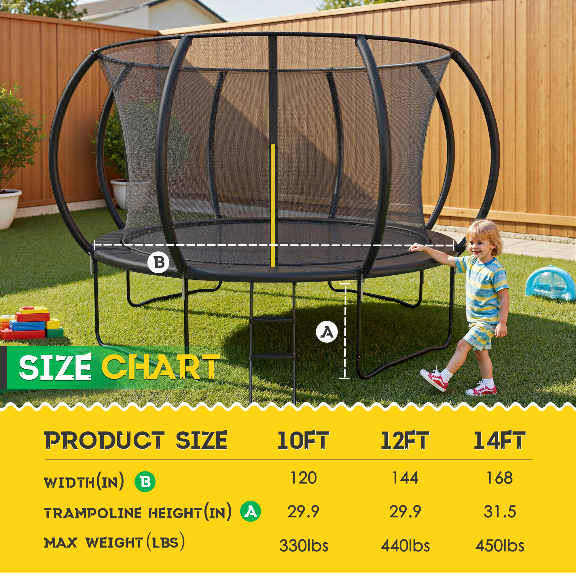 Marknig 10FT 12FT 14FT Trampoline with Safety Enclosure Net and Ladder for Kids and Adults, Outdoor Round Trampoline with Spring Padding, 330-450LBS Weight Capacity(Black)