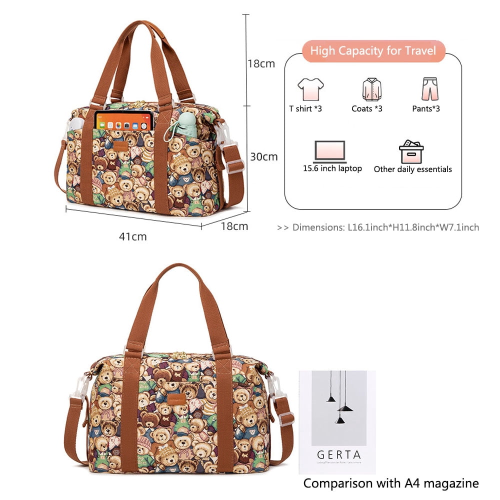 Cute Bear Print Women Duffel Bag for Travel High Capacity Jacquard Canvas Water Resistant Travel Sport Hand Bag Weekender Overnight Bag for Gym Sport