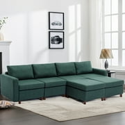 Stylish Green 4-Seat Modular Sectional Sofa with 2 Ottomans, Contemporary Design, Durable Linen Fabric, Solid Wood Construction, Elevate Your Living Room Decor