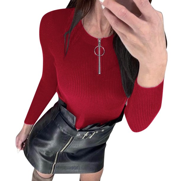 Gibobby Suéter para mujer, Suéter ligero de manga larga con cuello redondo para mujer(Rojo,G)