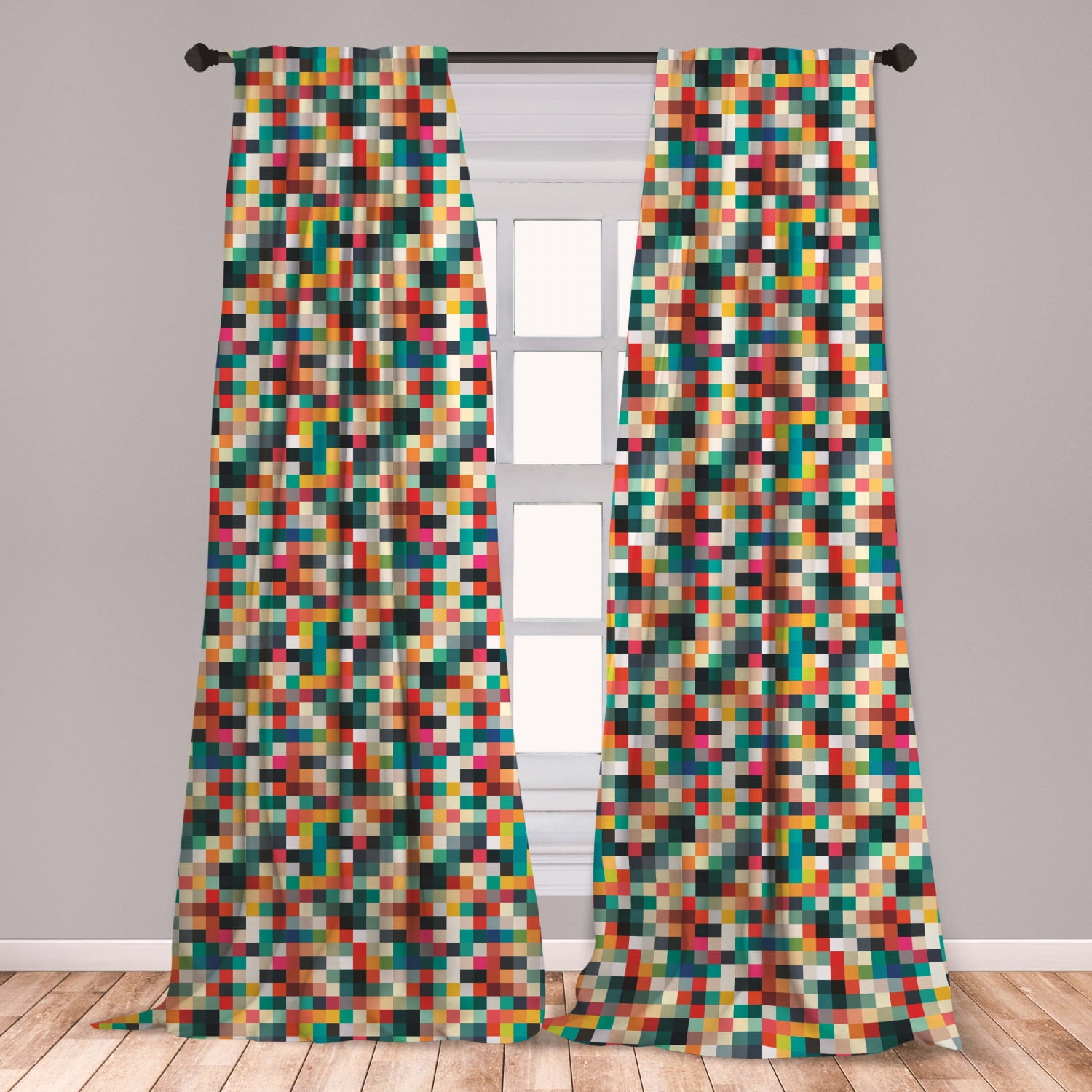 Geometric Curtains 2 Panels Set, Pixel Art Inspired Checkered Squares